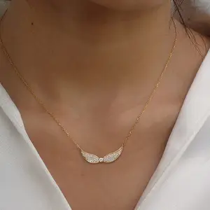 SN348 RINNTIN Custom Gold Plated 925 Sterling Silver Zirconia Jewelry Pave CZ Diamond Angel Wing Charm Necklace for Women Trendy