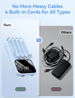 Batterie externe 10000mAh avec 4 câbles intégrés, charge rapide, écran LED, 8 couleurs, vente en gros, logo OEM personnalisé, mince, portable, P013
