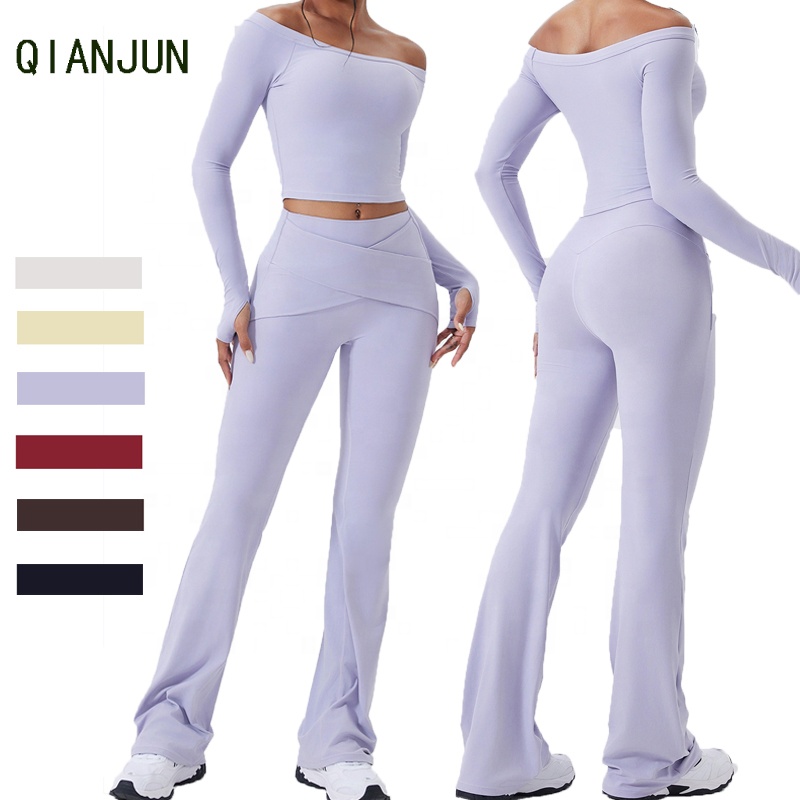 Off-Shoulder Long Sleeved Yoga 2-Piece Fitness Suit High Waist Tight Pants Indoor Pilates Fitness Suit Plus Size Yoga Suit