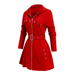 Manteau d'hiver pour femmes grandes tailles, sweat-shirt à capuche à manches longues avec poches et fermeture éclair, ceinture, polyester uni teint personnalisable, ODM - Product Image 2