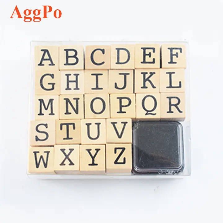 26PCS Alphabet Wooden Stamp Set with Black Pad, Rubber Gift Birthday Card Making Seal Kit, A-Z DIY Letter Print Words Stamp