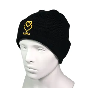 Design logo unisex knitted black beanie acrylic fabric with golden embroidery high quality winter plain dyed custom beanie hat