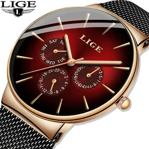 LIGE LG9936 new design red mens quartz watch original Stainless steel band 3 dials Chronograph week display Casual watch design