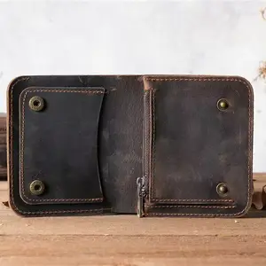 2024 New Arrival Vintage Handmade Crazy Horse Bifold Genuine Leather Wallet With Coin Pocket Real Full Grain Leather Wallet