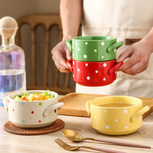 Série Polka Dot Vaisselle en céramique pour la maison : Bols de cuisson à bord ondulé, Bols à riz, Bols à soupe, Plats de cuisson, Tasses, Stem Pet - Product Image 1