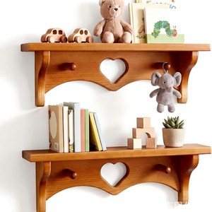 Wooden Wall Mount Storage Rack With Heart Cutout And <b>Hooks</b> For Toys Books And Kitchen Utensils - Product Image 1