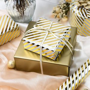 High end white background gold stripe aluminum coated gift <b>wrapping</b> <b>paper</b> suitable for Valentines Day birthday and <b>wedding</b> - Product Image 1