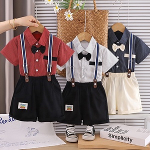 Ensemble de vêtements pour garçons en bas âge, chemise rayée à manches courtes, nœud papillon, short à bretelles, <span class=keywords><strong>tenue</strong></span> formelle d'été - Product Image 1