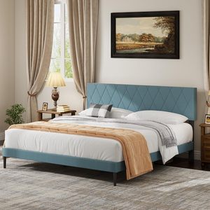 Каркас кровати размера «<span class=keywords><strong>King</strong></span>-Size» с бархатной обивкой, на платформе, с прочными планками, матрац-основа, легкая сборка, Аквамарин - Product Image 2