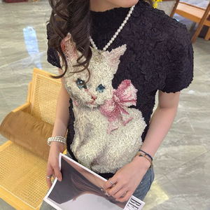 PY 2026 Sweet Elegant Style Pleated Mock Neck Cat Print <b>Top</b> Western Clothing Women Bulk Wholesale Online - Product Image 6