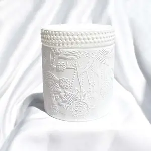 LZ all'ingrosso moq 1pc modello in rilievo vasi di candela di lusso con coperchi vaso di candela strutturato fiore di loto bianco nero smerigliato
