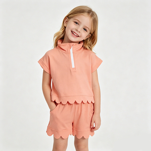 Wholesale Toddler Girls <b>Peach</b> Scallop Polo Short Set, Half-Zip Collared <b>Top</b> with Pocket Shorts, Kids Summer Casual Outfit - Product Image 1