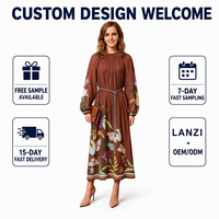 Robe midi personnalisée pour femme à imprimé floral tropical, col froncé, manches longues, élégante, grande taille, vente en gros fabricant
