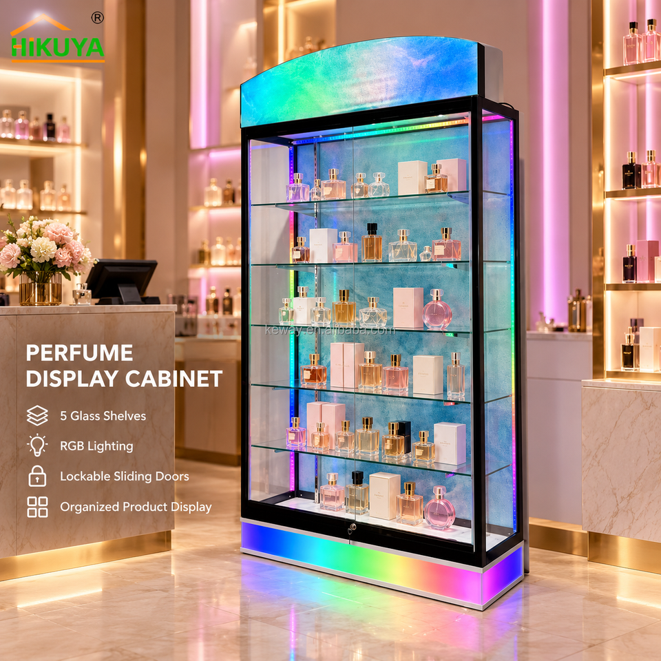 Floor Standing Perfume Display Cabinet with 5 Glass Shelves RGB LED ...