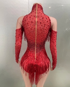 2025 Club Sexy combinaison brillant cristal transparent strass gland paillettes Performance <span class=keywords><strong>rouge</strong></span> manches longues <span class=keywords><strong>body</strong></span> pour maigre été - Product Image 6