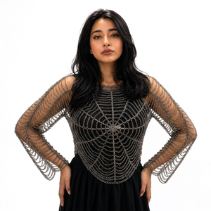 Haut en maille de chaîne effet toile d'araignée avec manches |   Armure de cosplay de fantasy médiévale |   Robe en maille de chaîne |   Robe de soirée pour filles, bar, discothèque, club - Product Image 2