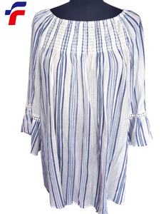 新製品 ブルー/ホワイト ストライプ 先染め レーヨン クリンクルガーゼ レディース ネックラインスモッキング付き ラグランスリーブ 織物トップス - Product Image 1