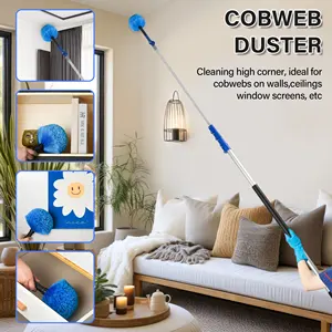 5 In 1 Aluminum Telescopic Cleaning Extension Pole Rod Kit With Microfiber Window Squeegee Feather Duster Cobweb Flexible Brush