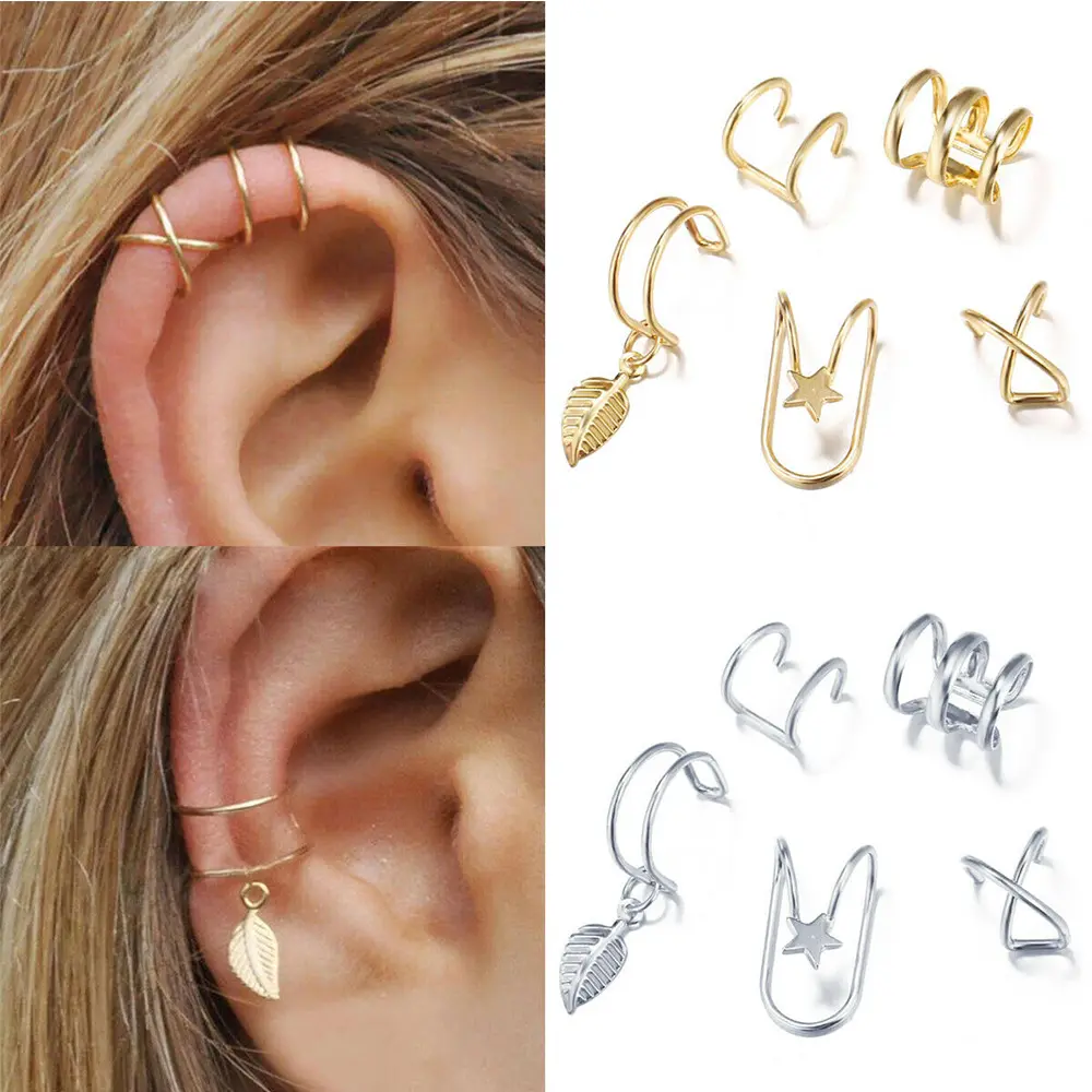 Creative Personality Leaf Cuff Tassel Ear Clip 5-Piece Set Double-Layer U-Shaped Double-C Gold Filled Ear Clip Earrings