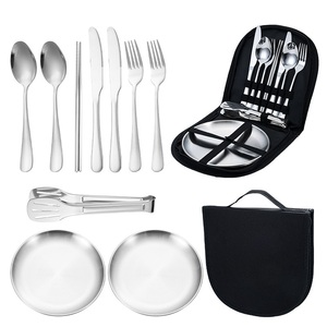 Kit de Vaisselle Portable d'Extérieur en Acier Inoxydable Jetable pour Camping et Pique-nique (Couteau, Fourchette, Cuillère, Baguettes, Assiette) - Product Image 3