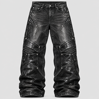 Jeans Baggy Noirs Personnalisés pour Hommes, Coupe Large, Effet Délavé, Panneaux Patchwork, Cloutés, Style Moto Streetwear, Pantalon en Denim, Vente en Gros B2B OEM