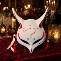 Masque de cosplay Kitsune Fox Anime personnalisé OEM, peint à la main, avec pompons et clochettes, en plastique respirant, pour Halloween et soirées masquées