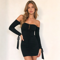 Robe Courte Moulante Femme 2026 à Manches Longues Évasées, Détail Volanté Croisé sur le Devant, Drapée, Naturelle, Sexy, pour Soirée Club, Printemps