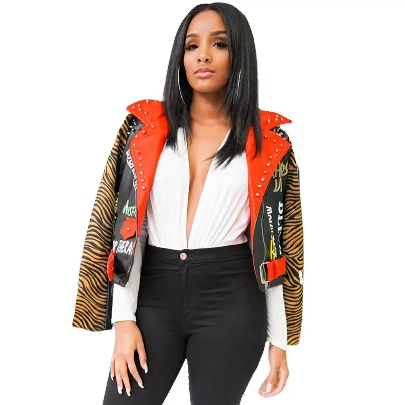 2020 Good Selling Women Leather Rivet Coats Leopard Pattern Tiger Print Motorcycle Jacket