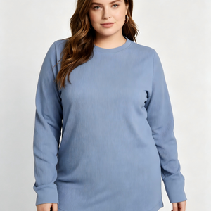 T-shirt côtelé doux de qualité supérieure pour <span class=keywords><strong>femme</strong></span> grande taille, col rond, manches longues, couleur unie, en maille, idéal pour le quotidien et la superposition - Product Image 1