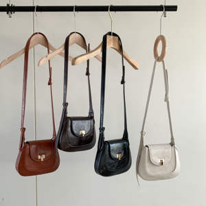 New trendy shoulder bag, retro <b>gold</b> lock PU leather shell, women's saddle bag - Product Image 1