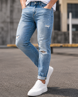 Jean slim déchiré bleu clair pour homme, effet vieilli, coupe ajustée, décontracté, polyvalent, style urbain