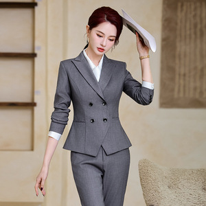 Women's Formal Suit <b>Set</b> Double Breasted <b>Blazer</b> Pants Office Lady Autumn Anti-Wrinkle Worsteds Full Sleeve Notched Collar Blue - Product Image 2