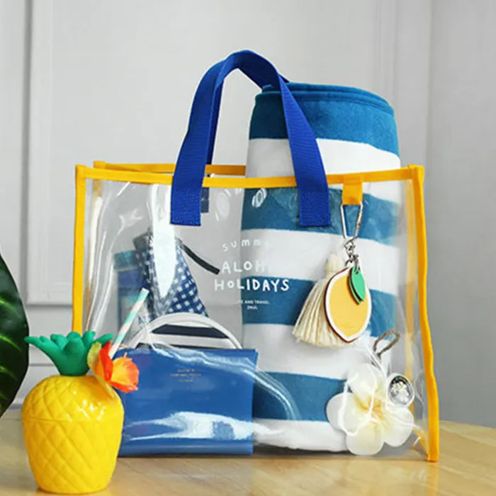 Bolso de mano de plástico de moda para mujer, bolsos de playa, bolso de compras de PVC de neón, bolso de hombro impermeable transparente, novedad de Shenzhen