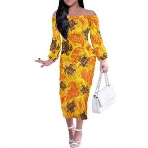 2024 femmes Sexy Plumeria imprimer une épaule robe à manches longues Maxi robe pour <span class=keywords><strong>polynésien</strong></span> Tribal <span class=keywords><strong>tatouage</strong></span> femmes - Product Image 5