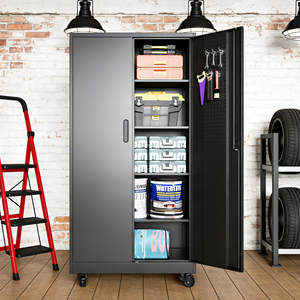 Armoire de garage roulante robuste de 71 pouces avec serrure, rangement en métal noir avec 5 étagères et panneau perforé pour atelier, sous-sol, buanderie - Product Image 1
