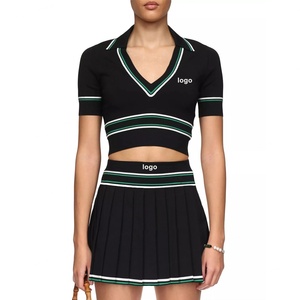 Custom Womens Breathable Outdoor Active Knitwear V-neck Pickleball High-waisted <b>Elastic</b> A-line Tennis <b>Skirt</b> Set Golf Wear - Product Image 1