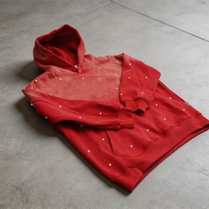 Custom <b>Men's</b> <b>Red</b> Hooded <b>Sweatshirt</b> Rhinestone Sun Faded Oversized French Terry 100% Cotton Casual Autumn Wear - Product Image 2