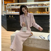 Luxe deux pièces cheville-longueur rose revers jupe ensemble haut de gamme vêtements quotidiens pour printemps automne riche fille Style bouton fermeture court XL
