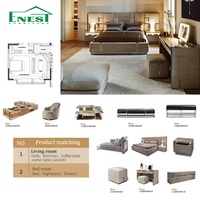 Lit capitonné éclairé King Size de designer italien en cuir véritable, écologique, ensemble de chambre principale de luxe pour villa, solution tout-en-un