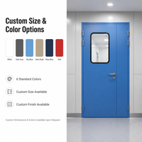 Porte de chambre d'hôpital en acier à grain de bois, battante, avec cadre noir et fenêtre de visualisation, pour usage en bloc opératoire, clinique ou salle de patient.