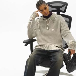 Suéter de Punto con Cuello Polo, Lavado y Teñido para Darle un Aspecto Desgastado con Orificios y Flecos, Precio de Fábrica - Product Image 1