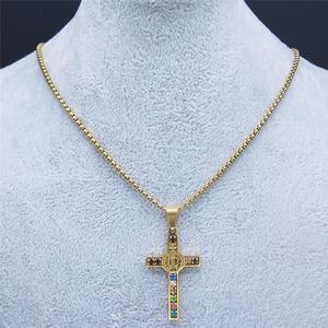St.Benedict <b>Cross</b> Necklace for Men Hip Hop Colored Zircon Jewelry Silver Gold Waterproof Stainless Steel Necklaces - Product Image 4