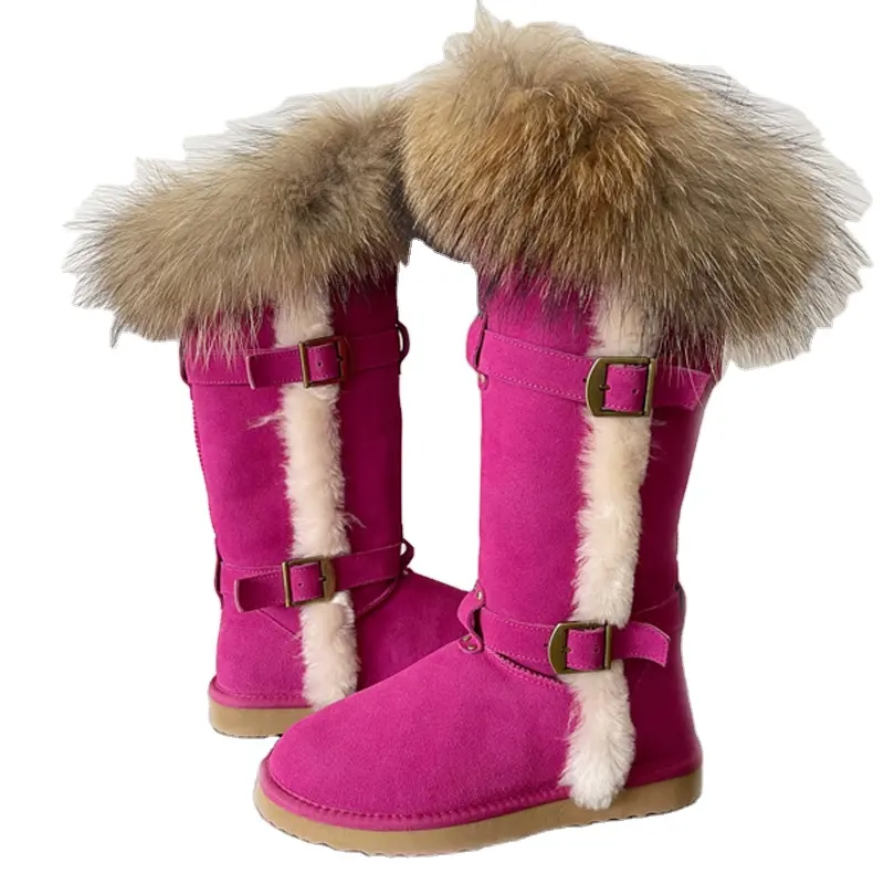 Inoe-bottes de neige de luxe pour femme, chaussures chaudes d'hiver en peau de mouton, fourrées au dessus du genou, semelle en fourrure de mouton