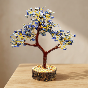 Arbre en pierre précieuse lapis-lazuli fait main avec des branches en fil métallique sur base en bois naturel - Product Image 1