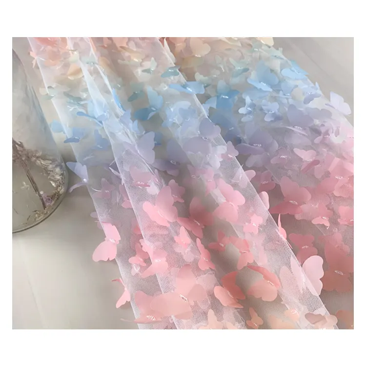 2022 New designed hot sale 3d flower lace fabric 100% polyester 2 way stretchy mesh butterfly light fabric