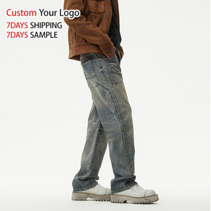Jeans en denim pour hommes, personnalisés, de haute qualité, taille mi-haute, coupe droite, jambe large, style streetwear, vintage délavé, baggy, vente en gros - Product Image 2