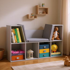 Librería infantil gris de 6 cubos con cojín y almacenamiento para muebles de dormitorio o sala de juegos - Product Image 2