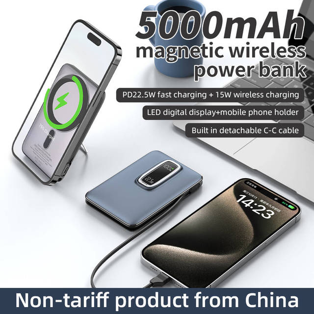Magnetic Wireless Charging Power Bank PD 22.5W 5000mAh Built in Charging Cable With Ring Holder Mobile Phone Outdoor Powerbank