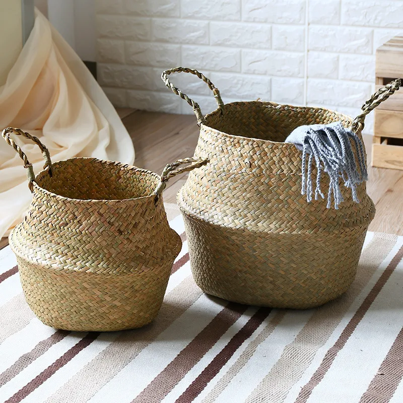 Hot Sales Canasta Para Planta Wicker Flower Pot Plant Stand Woven Folding Rattan Seagrass Belly Storage Basket