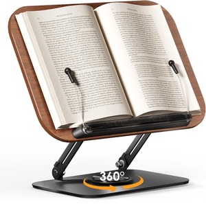 Support d'ordinateur portable en bois réglable à 360°, support de livres de cuisine, support de livre pliable multi-angles avec pinces de maintien des pages - Product Image 2